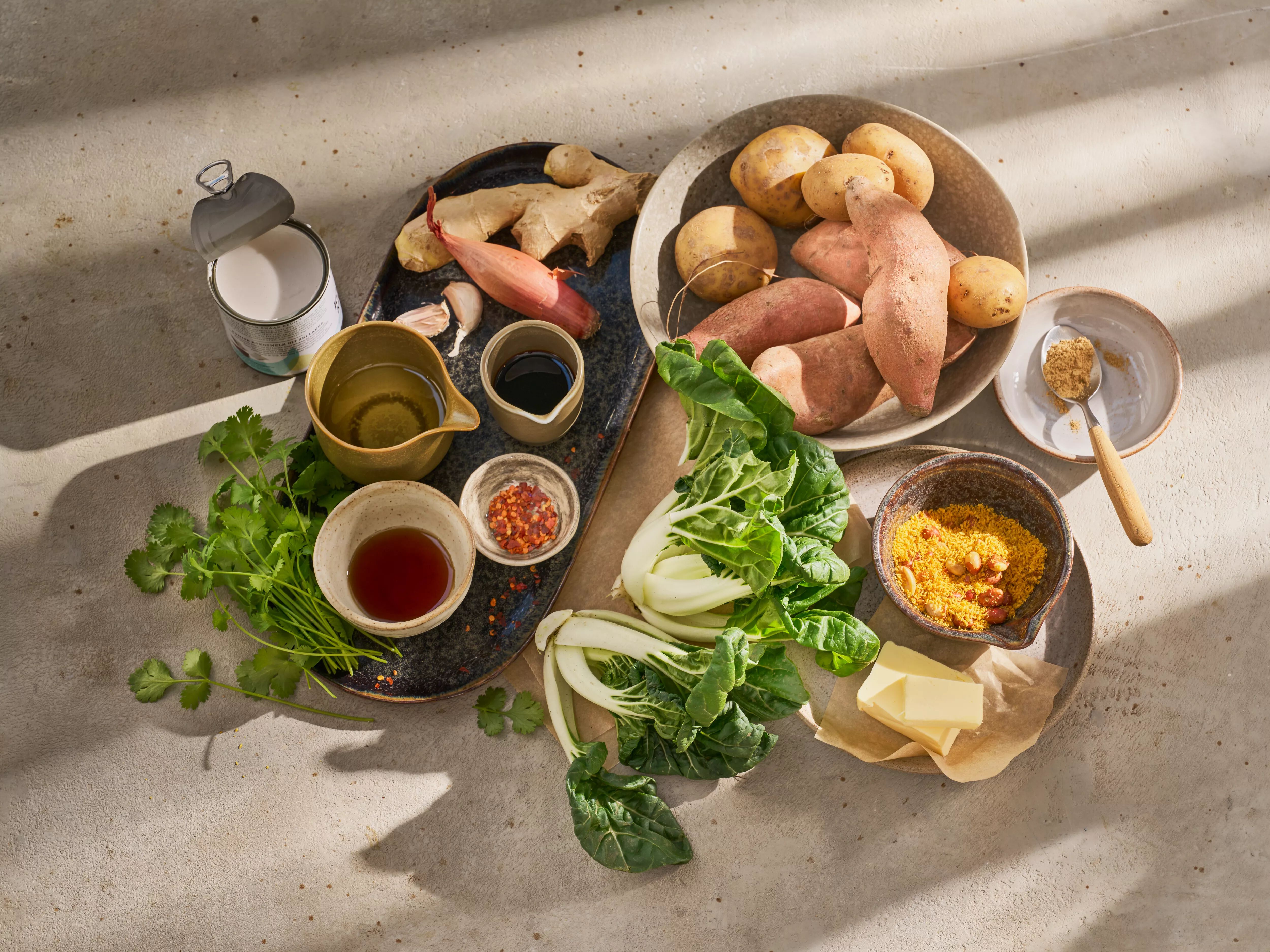 Frische Zutaten für ein darmfreundliches Rezept, darunter Süßkartoffeln, Pak Choi, Miso, Kokosmilch und Ingwer.