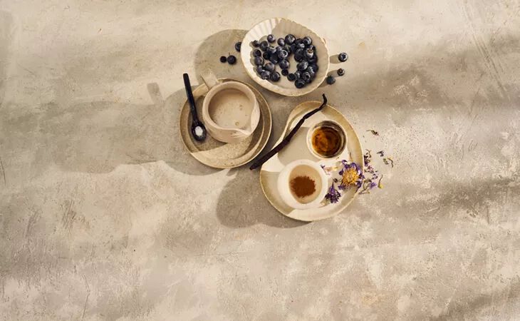 Die Zutaten für die lila Mondmilch auf einem neutralen Untergrund, darunter frische Blaubeeren, Vanille, Zimt und Hafermilch.